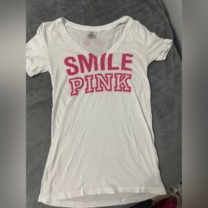 PINK Victoria's Secret White V Neck T-shirt with Pink Smile Peace Sign size M